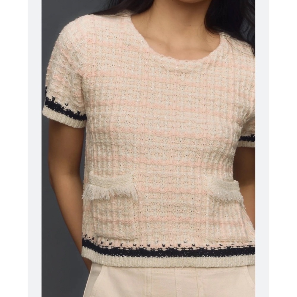 Anthropologie XXS Pink Cream Boucle Tweed Short Sleeve Sweater Fringe Pockets